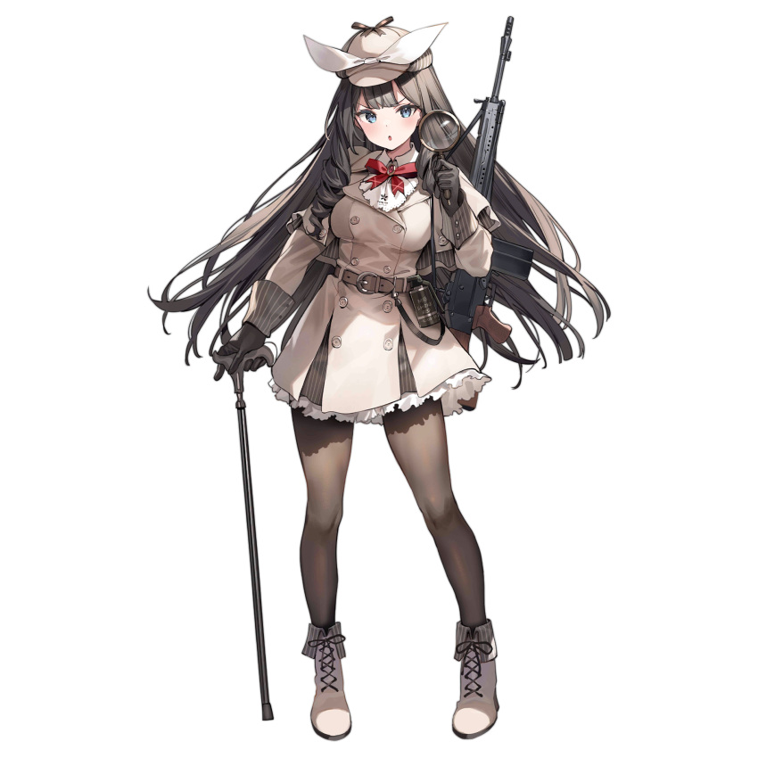 ascot banned_artist battle_rifle beige_coat belt belt_buckle black_gloves blue_eyes bow bowtie brooch brown_hair brown_legwear buckle cabbie_hat cane coat drill_hair drill_locks female full_body girls'_frontline gloves gun hat hat_bow highres holding holding_magnifying_glass howa_type_64 howa_type_64_(a_job_that_doesn't_suit_her)_(girls'_frontline) howa_type_64_(girls'_frontline) jewelry lace_trim long_hair m18_grenade magnifying_glass official_alternate_costume official_art pantyhose parsley-f parted_lips rifle rifle_on_back side-seamed_gloves sidelocks smoke_grenade solo strap transparent_background trench_coat tsurime very_long_hair weapon white_bow white_footwear