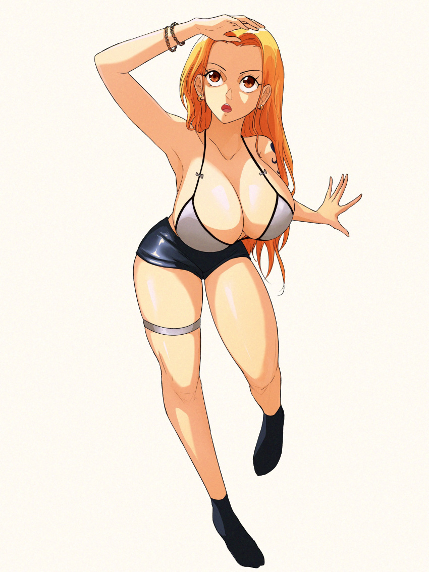 absurdres alternate_costume bikini bikini_top_only black_footwear bracelet breasts brown_eyes earrings female full_body highres jewelry large_breasts leaning_forward long_hair looking_to_the_side nami_(one_piece) one_piece opalis orange_hair shorts swimsuit tattoo thigh_strap white_background