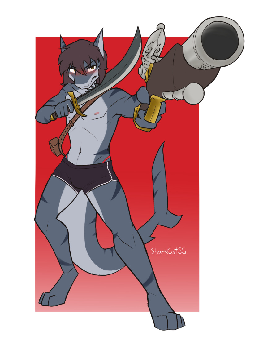 anthro athletic_wear blush bottomwear bulge captain_sharkbait clothing fish flintlock gym_bottomwear gym_shorts hi_res male marine melee_weapon pirate pointing_gun rule_63 shark sharkcatsg shorts solo sword thong_straps weapon