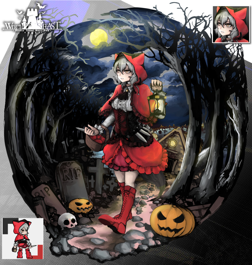 absurdres arknights dagger female full_moon highres jack-o'-lantern knife lantern little_red_riding_hood little_red_riding_hood_(grimm) moon multiple_views night projekt_red_(arknights) red_footwear red_hood tombstone tree vyragami weapon white_hair withered