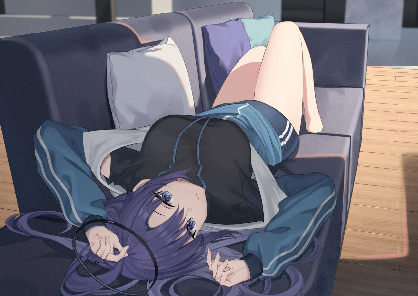 absurdres angel_no_shousou arms_up black_shirt blue_archive blue_buruma blue_eyes blue_jacket breasts buruma closed_mouth couch female halo highres jacket large_breasts long_hair looking_at_viewer lying off_shoulder on_back on_couch open_clothes open_jacket purple_hair shirt short_sleeves solo thighs track_jacket upside-down yuuka_(blue_archive) yuuka_(track)_(blue_archive)