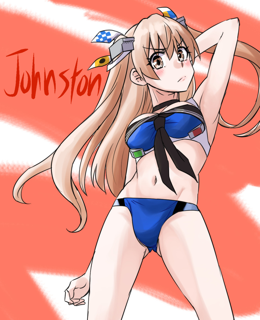 arm_behind_head ass_visible_through_thighs bikini black_neckerchief blue_bikini breasts brown_eyes character_name cowboy_shot female headgear highres johnston_(kancolle) johnston_kai_(swimsuit_mode)_(kancolle) kantai_collection light_brown_hair long_hair looking_at_viewer medium_breasts neckerchief nekotarou_(nktr299) sailor_bikini sailor_collar solo swimsuit two_side_up