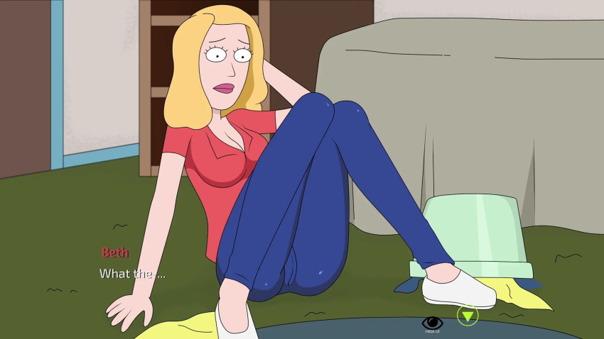 1girls ass_visible_through_thighs beth_smith big_breasts blonde_hair cameltoe clothed female female_focus female_only ferdafs fully_clothed lipstick mature_female milf mother older_female on_floor red_shirt rick_and_morty rick_and_morty:_a_way_back_home