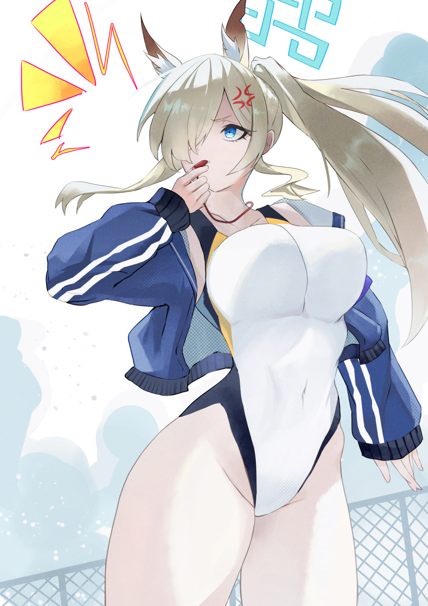 absurdres anger_vein animal_ear_fluff animal_ears blonde_hair blue_archive blue_eyes blue_halo blue_jacket breasts chain-link_fence cloud competition_swimsuit covered_navel cowboy_shot dog_ears dog_girl extra_ears female fence hair_over_one_eye halo highleg highleg_one-piece_swimsuit highres holding holding_whistle jacket kanna_(blue_archive) kanna_(swimsuit)_(blue_archive) kuromame_(meekaki96) large_breasts long_hair looking_at_viewer notched_ear notice_lines official_alternate_costume one-piece_swimsuit ponytail sky solo standing swimsuit whistle white_one-piece_swimsuit white_sky