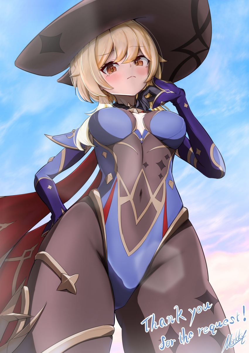 absurdres alternate_costume black_gloves black_hat black_pantyhose blonde_hair blue_leotard blue_sky blush breasts breasts_apart cloud commentary_request commission cosplay covered_navel cowboy_shot day english_text female frown genshin_impact gloves hair_between_eyes hand_on_own_hip hand_up hat highleg highleg_leotard highres large_breasts leotard long_sleeves looking_at_viewer lumine_(genshin_impact) makky_egokoro mona_(genshin_impact) mona_(genshin_impact)_(cosplay) orange_eyes outdoors pantyhose short_hair_with_long_locks signature skeb_commission sky solo thighs