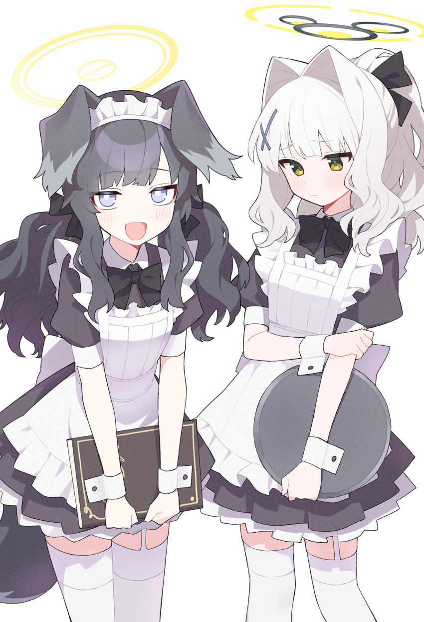 2girls alternate_costume animal_ears apron billbung black_bow black_dress black_hair blue_archive blush bow bowtie closed_mouth cowboy_shot dog_ears dog_girl dog_tail dress enmaided frilled_apron frills gloves grey_hair hair_ornament halo hare_(blue_archive) hibiki_(blue_archive) highres holding holding_tray long_hair looking_at_viewer maid maid_apron maid_headdress multiple_girls open_mouth puffy_short_sleeves puffy_sleeves purple_eyes ribbon short_sleeves simple_background skirt smile tail thighhighs tray twintails very_long_hair waist_apron white_apron white_background wrist_cuffs zettai_ryouiki