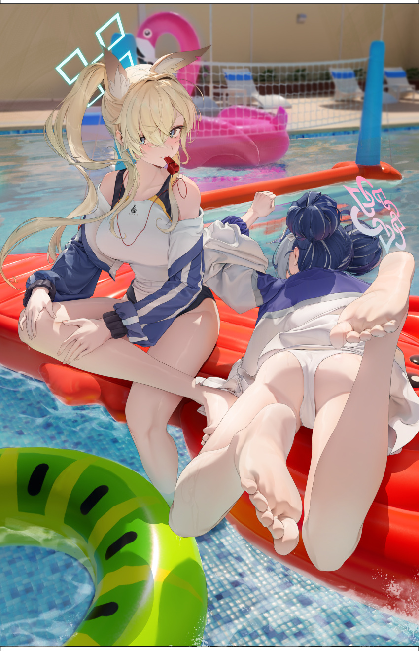 2girls absurdres animal_ear_fluff animal_ears ass bare_legs bare_shoulders barefoot blonde_hair blue_archive blue_eyes blue_hair blue_halo blue_jacket breasts commentary dingding_(chongsangjun) dog_ears dog_girl double_bun from_behind fubuki_(blue_archive) fubuki_(swimsuit)_(blue_archive) green_innertube hair_bun halo highres inflatable_flamingo jacket kanna_(blue_archive) kanna_(swimsuit)_(blue_archive) large_breasts long_sleeves looking_at_viewer multiple_girls off_shoulder official_alternate_costume official_alternate_hairstyle one-piece_swimsuit open_clothes open_jacket pink_halo ponytail pool swimsuit thighs toes volleyball_net water wet wet_clothes wet_swimsuit whistle whistle_around_neck white_one-piece_swimsuit