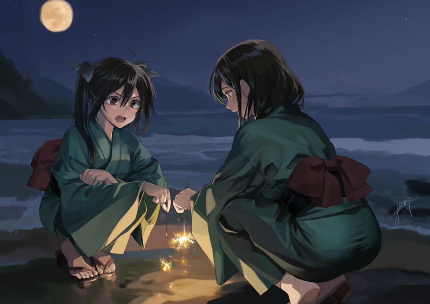 2girls ass beach black_hair brown_eyes chikuma_(kancolle) fireworks full_moon green_kimono hair_between_eyes highres holding holding_fireworks japanese_clothes kantai_collection kimono long_hair moon multiple_girls night obi ocean open_mouth outdoors sandals sash sparkler squatting tone_(kancolle) twintails waves yami_(m31) yukata zouri