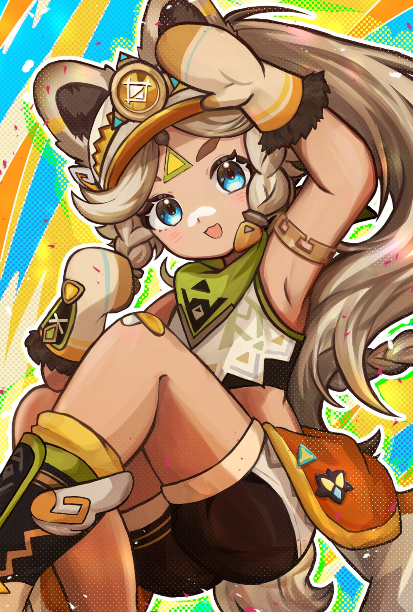 :d arm_up armpits bandage_on_knee bandana bandana_around_neck black_shorts blue_eyes blush chinchilla_ears commentary_request crop_top feet_out_of_frame female fur-trimmed_mittens fur_trim genshin_impact green_bandana highres kachina_(genshin_impact) light_brown_hair long_hair looking_at_viewer mittens mochimugi_(mcmg_kk_snkn) multicolored_background open_mouth orange_mittens orange_visor parted_bangs shorts smile solo very_long_hair white_mittens