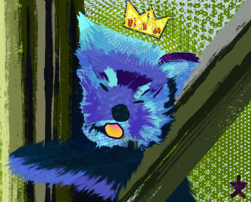 2d_artwork abstract_background absurd_res ailurid azrael_(unmakeyourself) blep blue_body blue_fur closed_eyes crown digital_media_(artwork) feral fur halftone halftone_background halftone_shading headgear hi_res in_tree male mammal pattern_background plant red_panda simple_background sleeping solo tongue tongue_out tree tuft unmakeyourself_(artist) yellow_tongue