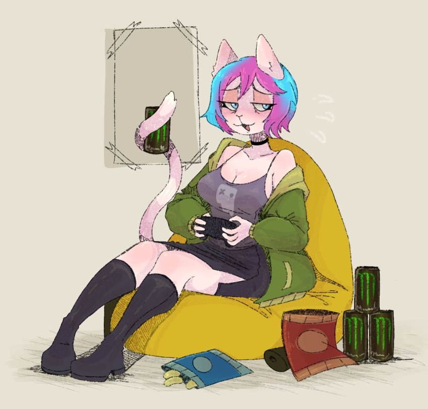 2024 4_fingers anthro bean_bag beverage_can blue_eyes blue_hair boots bottomwear breasts chips_(food) cleavage clothed clothed_anthro clothed_female clothing controller digital_drawing_(artwork) digital_media_(artwork) domestic_cat emanata eyelashes felid feline felis female female_anthro fingers food footwear full-length_portrait game_controller green_clothing green_topwear grey_clothing grey_shirt grey_tank_top grey_topwear hair half-closed_eyes hi_res holding_controller holding_game_controller holding_object looking_aside mammal mishi_(catmorrs) monster_energy monster_energy_can multicolored_hair narrowed_eyes portrait prehensile_tail purple_hair shirt shoes simple_background sitting skirt solo tail tank_top topwear two_tone_hair zzzilart