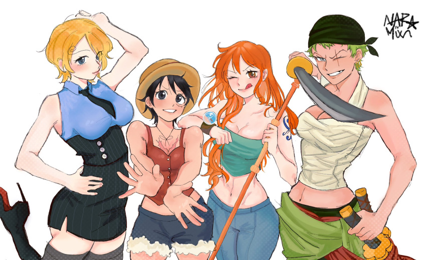 4girls arm_up bare_shoulders black_footwear black_hair black_necktie blonde_hair blue_pants blue_shorts breasts brown_hat cleavage dorokyunn genderswap_(mtf) green_hair green_tube_top hand_on_another's_shoulder hand_on_own_hip hat high_heels highres holding holding_sword holding_weapon leg_up log_pose long_hair looking_at_viewer midriff monkey_d._luffy multiple_girls nami_(one_piece) necktie one_eye_closed one_piece orange_hair pants parted_lips roronoa_zoro rule_63 sanji_(one_piece) scar scar_on_chest scar_on_face short_hair shorts signature simple_background strapless straw_hat sword tattoo tongue tongue_out tube_top weapon white_background