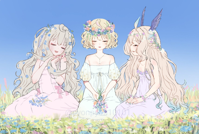 3girls ahoge aqua_nails bare_shoulders blonde_hair blue_sky bracelet breasts cleavage closed_eyes collarbone dress enna_alouette ethyria field flower flower_bracelet flower_field grey_hair hair_flower hair_ornament hand_in_own_hair hands_on_lap head_wings head_wreath holding holding_flower jewelry kneeling long_hair medium_hair millie_parfait multiple_girls necklace nijisanji nijisanji_en off-shoulder_dress off_shoulder open_mouth red_nails reimu_endou sky sleeveless sleeveless_dress small_breasts twitter_username uretsuki very_long_hair virtual_youtuber watermark wings