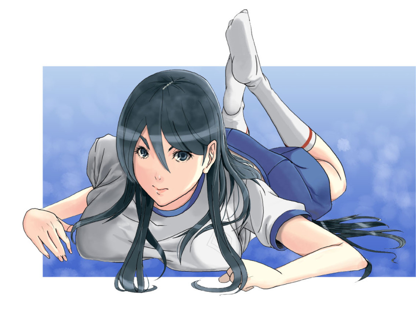 a_certain_high_school_gym_uniform alternate_eye_color bare_arms black_hair blue_shorts breasts closed_mouth commentary danieri emblem female fukiyose_seiri grey_eyes gym_shirt gym_shorts gym_uniform hair_between_eyes kneehighs large_breasts lips long_bangs looking_at_viewer lying no_shoes on_stomach school_emblem shirt short_shorts short_sleeves shorts sidelocks socks solo the_pose toaru_majutsu_no_index toaru_majutsu_no_index:_old_testament white_shirt white_socks