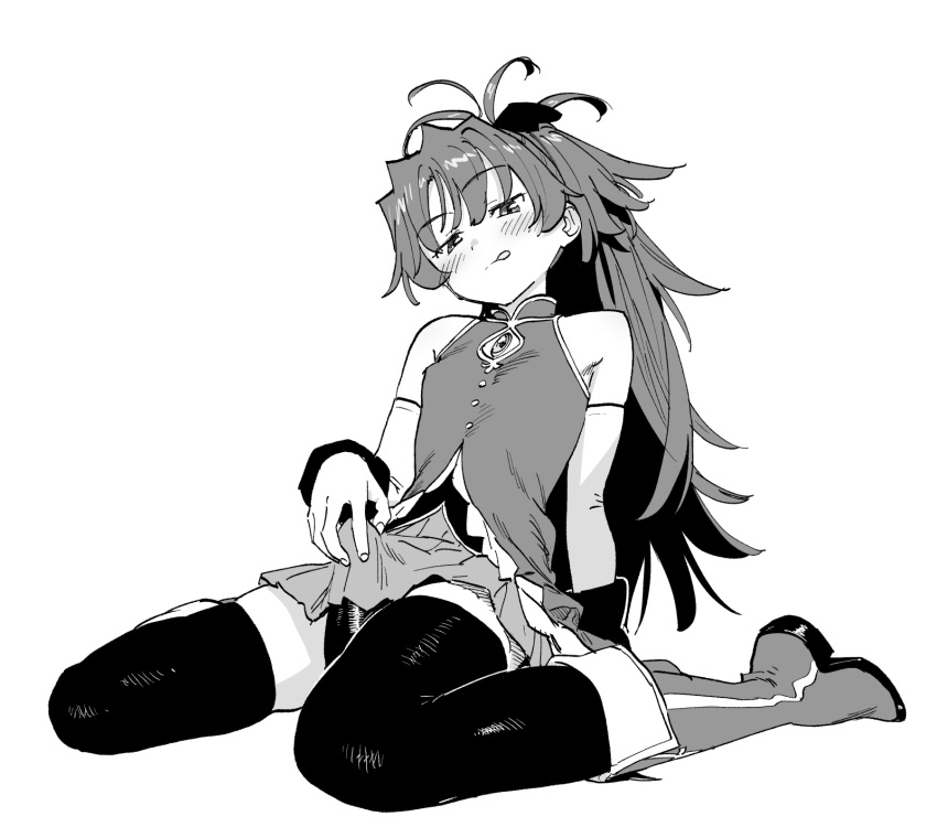 bare_shoulders blush boots breasts detached_sleeves dress eggplant female greyscale highres ikezawa_shin long_hair looking_down mahou_shoujo_madoka_magica monochrome ponytail sakura_kyoko sexually_suggestive sitting small_breasts solo thighhighs tongue tongue_out wariza wrist_cuffs