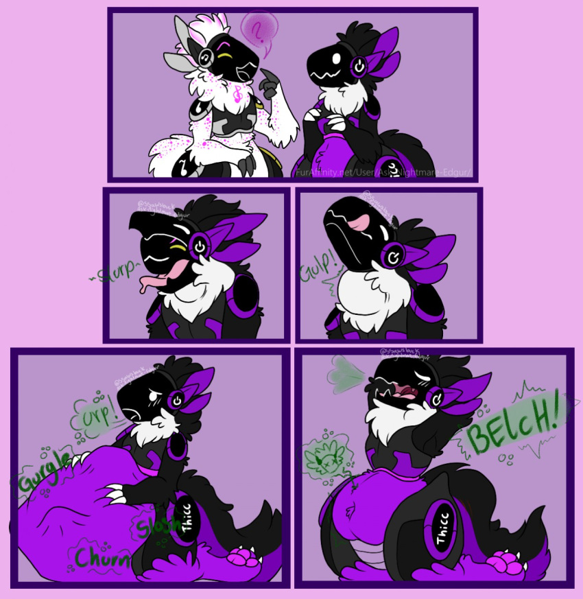 anthro ask-nightmare-edgur belly blush burping cherry_(insertroboticnamehere) digestion draco_(sierrathedragoness) fatal_vore head_in_mouth hi_res licking licking_lips machine protogen question_mark same_size_vore slightly_chubby text tongue tongue_out vore willing_prey