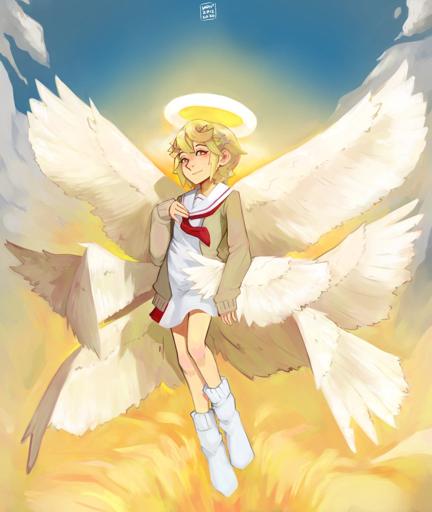 absurdres angel angel_wings artist_name brown_eyes cloud dated day female full_body halo highres inukai_michiru kart_prowler long_sleeves looking_at_viewer loose_socks munou_na_nana outdoors school_uniform serafuku short_hair socks solo white_socks white_wings wings