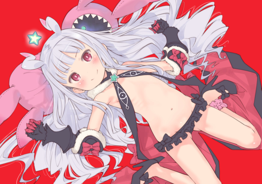 ankle_garter bad_id bad_twitter_id black_footwear blunt_bangs closed_mouth commentary_request female flat_chest fur_trim galaktika highres hoshimiya_kate long_hair looking_at_viewer navel no_mask red_background red_eyes saeki_tatsuya sekai_seifuku:_bouryaku_no_zvezda shoes simple_background smile solo star_(symbol) stuffed_animal stuffed_rabbit stuffed_toy venera-sama very_long_hair white_hair