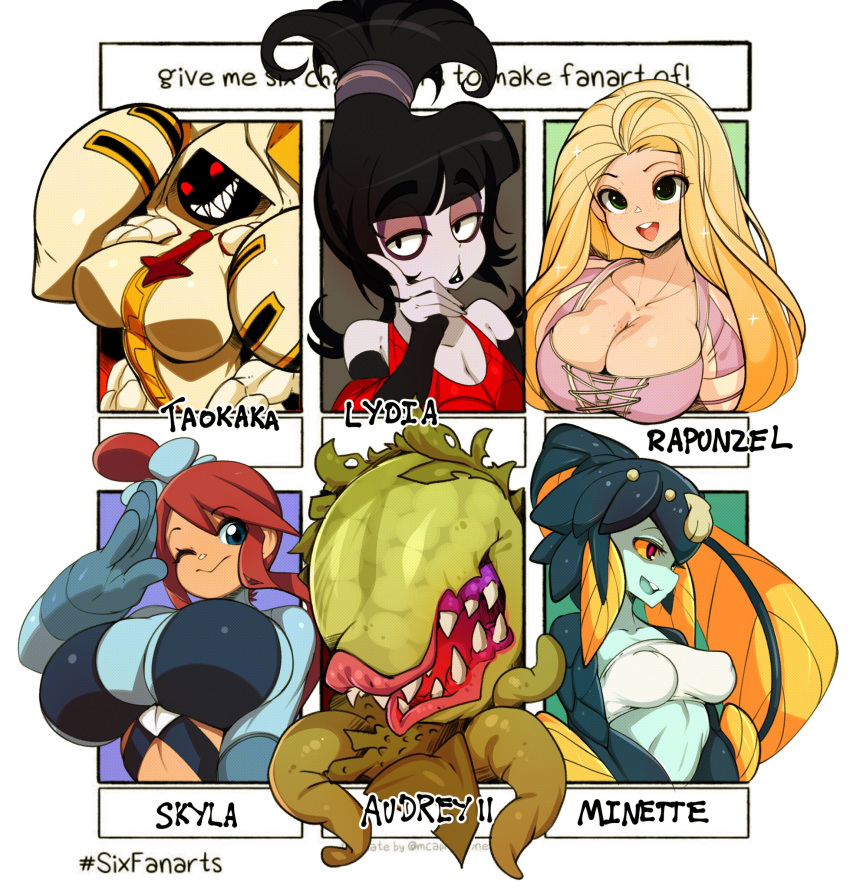 6+girls :d ;> audrey_ii bad_id bad_twitter_id beetlejuice black_hair blazblue blonde_hair blue_eyes blue_gloves blunt_bangs breasts character_name cleavage collarbone colored_sclera colored_skin covered_nipples crossover english_text gloves green_eyes green_skin highres hood hooded_jacket huge_breasts jacket large_breasts little_shop_of_horrors long_hair looking_at_viewer lydia_deetz medium_breasts minette_(skullgirls) monster multiple_crossover multiple_drawing_challenge multiple_girls one_eye_closed open_mouth pale_skin pokemon pokemon_bw rapunzel_(disney) red_eyes red_hair salute sharp_teeth short_hair six_fanarts_challenge skullgirls skyla_(pokemon) slugbox smile tangled taokaka teeth tentacle upper_body yellow_sclera