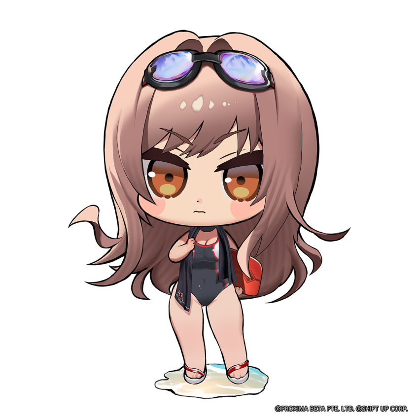 ass_visible_through_thighs beach black_choker black_one-piece_swimsuit black_towel blush_stickers breasts brown_eyes chibi choker cleavage closed_mouth commentary company_name competition_swimsuit covered_navel emblem english_commentary female full_body goddess_of_victory:_nikke goggles goggles_on_head groin hair_intakes highleg highleg_swimsuit highres holding holding_kickboard holding_towel kickboard large_breasts light_brown_hair light_frown long_hair official_alternate_costume official_art one-piece_swimsuit rapi_(classic_vacation)_(nikke) rapi_(nikke) sandals solo standing swept_bangs swimsuit totatokeke towel towel_around_neck v-shaped_eyebrows very_long_hair