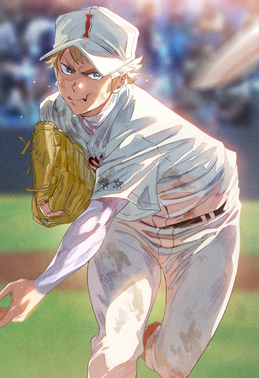 1boy ace_of_diamond ball baseball_cap baseball_jersey baseball_mitt baseball_uniform belt black_belt blonde_hair blue_eyes blurry blurry_background closed_mouth day dirty dirty_clothes dirty_face hat highres jersey male_focus narumiya_mei outdoors pants sato_(sato_1_11) shirt short_hair solo sportswear sweat throwing white_pants white_shirt