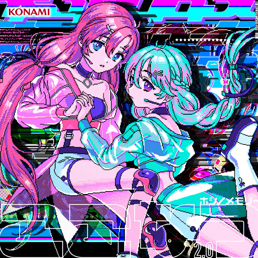 2girls album_cover bare_shoulders blue_choker blue_eyes blue_hair blue_shorts boots braid breasts choker closed_mouth commentary_request cover crop_top highres hinabita holding_hands hood hood_down hooded_jacket jacket knee_pads konami logo long_hair long_sleeves looking_at_viewer midriff multiple_girls narume off_shoulder open_clothes open_jacket parted_lips pink_eyes pink_hair pixel_art see-through see-through_jacket shinonome_kokona shinonome_natsuhi shorts single_braid small_breasts twintails very_long_hair white_footwear white_shorts