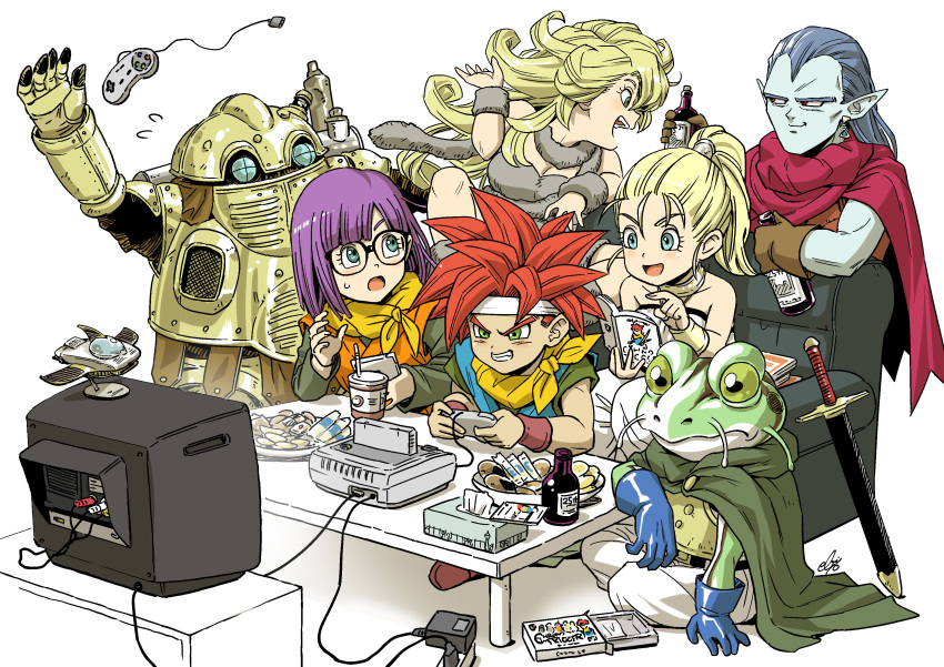 3girls 4boys :d absurdres alcohol arm_up ayla_(chrono_trigger) belt black_belt blonde_hair blue_eyes book bottle breasts cape chrono_trigger cleavage closed_mouth commentary controller couch crono_(chrono_trigger) cup disposable_cup dress drink drinking_straw ebiten_(ebi10d) english_commentary epoch flying_sweatdrops food frog_(chrono_trigger) frog_boy game_cartridge game_console game_controller gamepad glasses green_cape green_eyes grey_scarf grin happy headband highres holding holding_book holding_bottle holding_controller holding_game_controller long_hair looking_to_the_side lucca_ashtear magus_(chrono_trigger) marle_(chrono_trigger) multiple_boys multiple_girls open_book open_mouth pants playing_games pointing pointy_ears ponytail purple_hair red_hair robo_(chrono_trigger) robot scarf sheath sheathed short_hair simple_background sitting smile spiked_hair standing strapless strapless_dress super_famicom super_famicom_cartridge super_famicom_gamepad sword teeth television upper_teeth_only weapon white_background white_dress white_headband white_pants