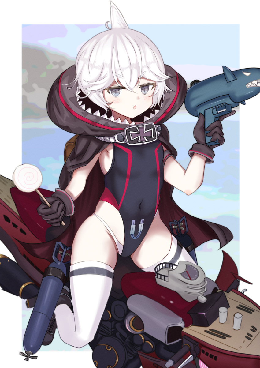 :o absurdres ahoge animal_hood armband azur_lane black_cloak black_gloves black_one-piece_swimsuit blue_sky blush candy cloak commentary_request covered_navel cross day female flat_chest food full_body gloves grey_eyes groin gun hair_between_eyes hands_up highres holding holding_candy holding_food holding_gun holding_lollipop holding_weapon hood hood_down hooded_cloak iron_cross lollipop looking_at_viewer oerba_yun_fang one-piece_swimsuit panties petite shark_hood short_hair sidelocks sitting skindentation sky solo submarine swimsuit swirl_lollipop thighhighs toketa-sekai torpedo u-110_(azur_lane) underwear watercraft weapon white_hair white_panties white_thighhighs