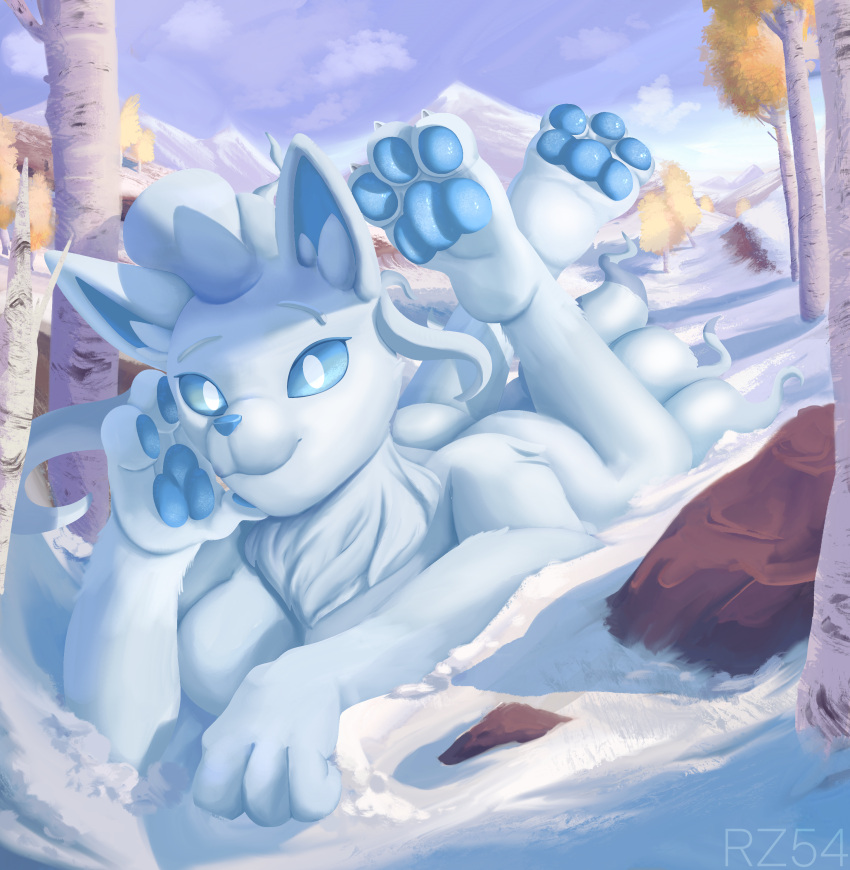 3_toes 4_fingers absurd_res alolan_form alolan_ninetales anthro anthrofied ass blue_body blue_fur blue_nose blue_pawpads blue_sclera breasts calves_up canid claws crossed_ankles detailed_background feet female fingers foot_fetish foot_focus fur generation_7_pokemon handpaw hi_res hindpaw humanoid_feet looking_at_viewer lying mammal mountain multi_tail multicolored_body multicolored_fur nintendo nude outside pawpads paws plant plantigrade pokemon pokemon_(species) pokemorph regional_form_(pokemon) rock rz54 sky smile smiling_at_viewer snow snowing soles solo tail the_pose toe_claws toes tree white_body white_claws white_eyes white_fur