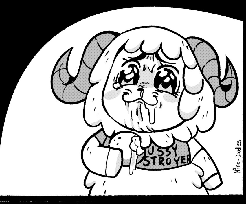 animal_crossing anthro bodily_fluids bovid caprine clothing crying dom_(animal_crossing) english_text food fruit fur horn lemon male mammal meme monochrome nine-doodles nintendo plant pop_team_epic sheep shirt solo style_emulation tears text text_on_clothing text_on_shirt text_on_topwear topwear watery_eyes wool_(fur)