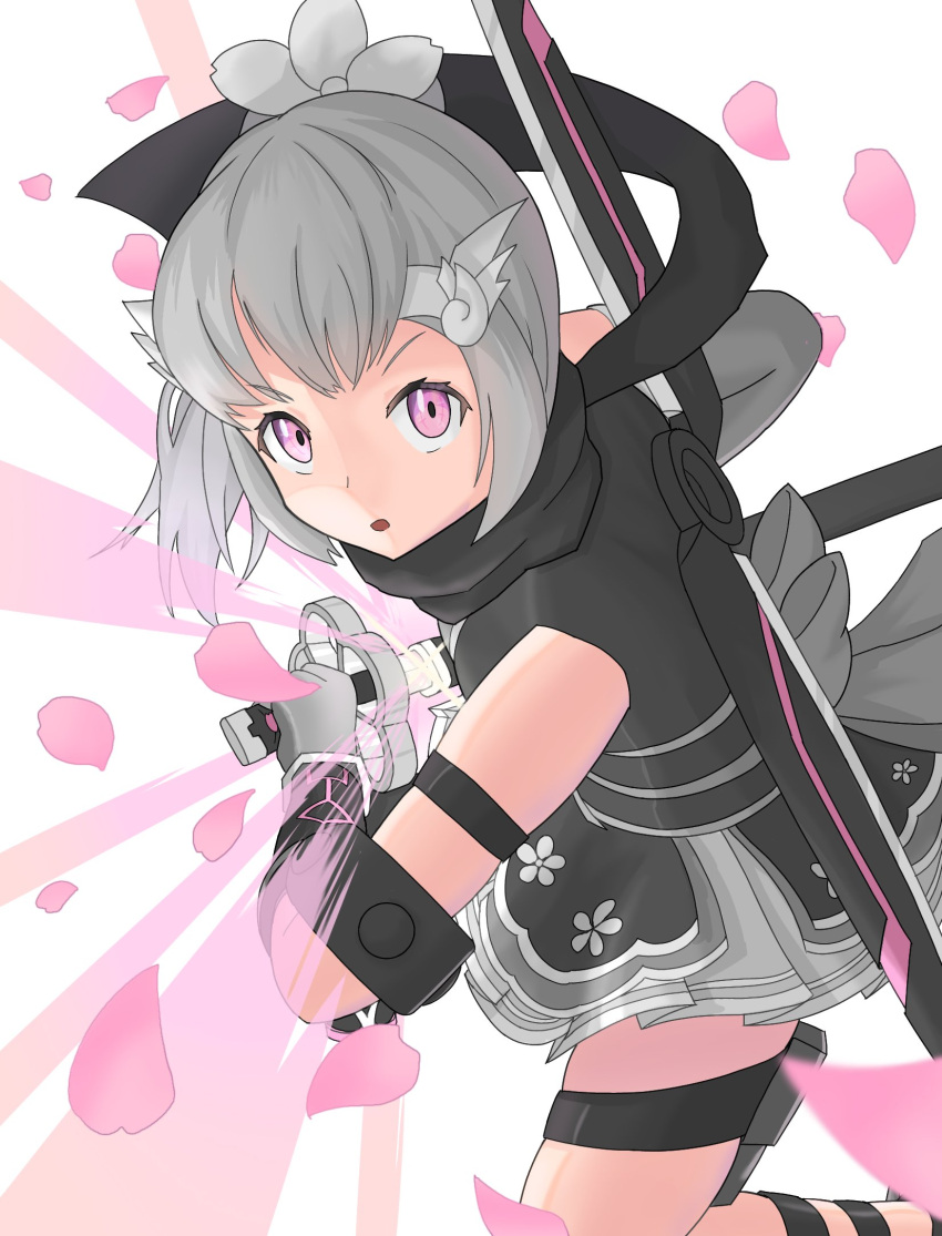 angry bow cherry_blossoms female floral_print flower grey_hair hair_flower hair_ornament highres kazehaya_sakura nyanko_daisensou pink_eyes pink_stripes sword tied_hair weapon white_background wristband yuyu_ttttt