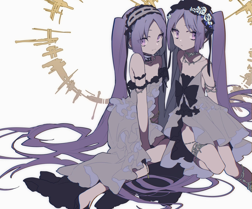 2girls absurdly_long_hair bad_id bad_pixiv_id bare_shoulders breasts dress euryale_(fate) euryale_(third_ascension)_(fate) fate/grand_order fate/hollow_ataraxia fate_(series) frilled_hairband frills hairband halo headdress highres long_hair looking_at_viewer mochizuki_kei multiple_girls purple_eyes purple_hair siblings simple_background sisters small_breasts smile stheno_(fate) twins twintails very_long_hair white_background white_dress