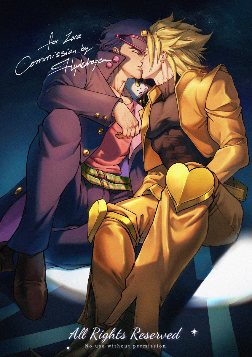 2boys absurdres black_coat black_hat black_pants black_shirt blonde_hair brown_footwear coat commission commissioner_name dio_brando hat heart highres hydeover9000 jacket jojo_no_kimyou_na_bouken kissing knee_pads kujo_jotaro male_focus multiple_boys pants pectorals pink_shirt shirt short_hair stardust_crusaders yaoi yellow_jacket yellow_pants