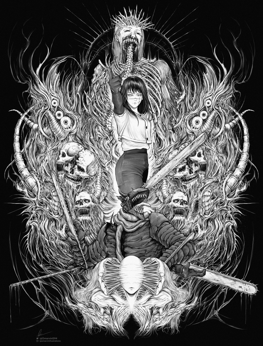 1boy 2girls absurdres aging_devil_(chainsaw_man) artist_name black_hair black_theme breasts chainsaw chainsaw_devil chainsaw_man crosshatching exposed_muscle extra_arms facing_to_the_side flesh greyscale hair_between_eyes hatching_(texture) highres horns horror_(theme) instagram_logo instagram_username intestine_clothing intestines long_hair looking_at_viewer marvin_(omarvin) medium_breasts monochrome multiple_girls no_eyes open_mouth pants ribs ringed_eyes scar scarf shirt signature simple_background skeleton skull split_head teeth twitter_logo twitter_username weapon yoru_(chainsaw_man)