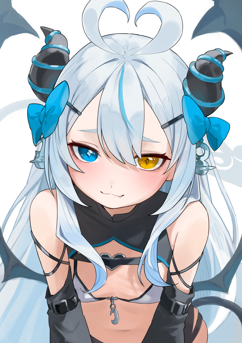 :3 absurdres akugaki_koa antenna_hair bare_shoulders bikini black_sleeves blue_bow blue_eyes blush bow breasts closed_mouth commentary_request commission demon_girl demon_horns demon_tail demon_wings detached_sleeves diamond-shaped_pupils diamond_(shape) female grey_hair hair_ornament hairbow hairclip heterochromia highres horns idol_corp long_hair looking_at_viewer oerba_yun_fang pixiv_commission simple_background small_breasts smile solo swimsuit symbol-shaped_pupils tail uohara_shinji very_long_hair virtual_youtuber white_background white_bikini wings yellow_eyes