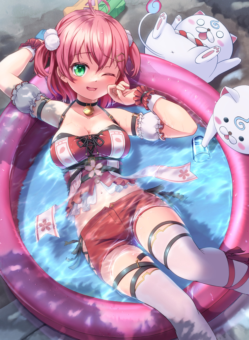 35p_(sakura_miko) absurdres ahoge arm_behind_head arm_belt bell black_choker blush breasts choker cleavage female green_eyes hair_ornament hairclip hand_on_own_cheek hand_on_own_face highres hololive jingle_bell large_breasts lying_on_water midriff nana_illust navel neck_bell one_eye_closed open_mouth partially_submerged pink_hair red_shorts revealing_clothes sakura_miko sakura_miko_(work) scrunchie shirt short_shorts shorts sleeveless sleeveless_shirt smile solo stomach thigh_strap thighhighs virtual_youtuber wading_pool wet wrist_scrunchie