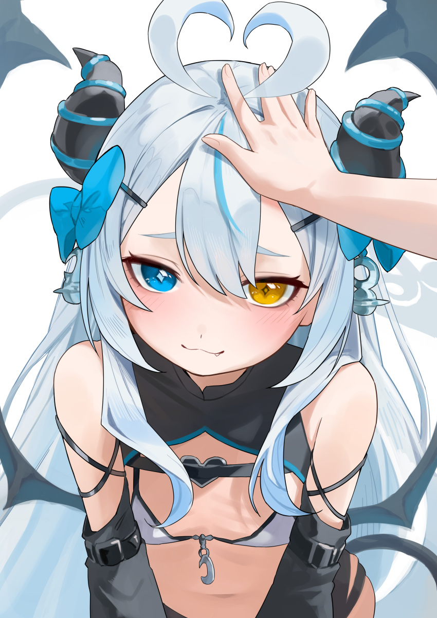 1other :3 absurdres akugaki_koa antenna_hair bare_shoulders bikini black_sleeves blue_bow blue_eyes blush bow breasts closed_mouth commentary_request commission demon_girl demon_horns demon_tail demon_wings detached_sleeves diamond-shaped_pupils diamond_(shape) female grey_hair hair_ornament hairbow hairclip headpat heterochromia highres horns idol_corp long_hair looking_at_viewer oerba_yun_fang pixiv_commission simple_background small_breasts smile solo_focus swimsuit symbol-shaped_pupils tail uohara_shinji very_long_hair virtual_youtuber white_background white_bikini wings yellow_eyes