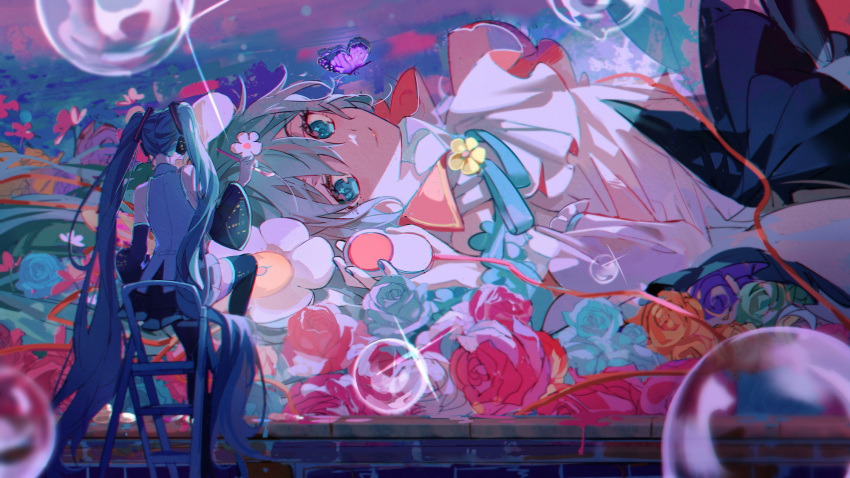 absurdly_long_hair aqua_eyes aqua_hair aqua_nails black_legwear black_skirt black_sleeves blue_flower blue_rose blurry blurry_foreground brick_wall bubble bug butterfly chair commentary daisy detached_sleeves eyelashes facing_away female flower from_behind full_body hair_between_eyes hand_up hatsune_miku highres hitokoto holding holding_computer_mouse holding_paintbrush long_hair looking_at_viewer lying magical_mirai_(vocaloid) magical_mirai_miku magical_mirai_miku_(2021) multiple_views mural nail_polish on_back orange_flower orange_rose paintbrush painting_(action) pink_flower pink_rose pleated_skirt purple_butterfly red_ribbon ribbon rose shaded_face shirt sitting skirt smile thighhighs twintails upper_body very_long_hair vocaloid white_flower white_shirt