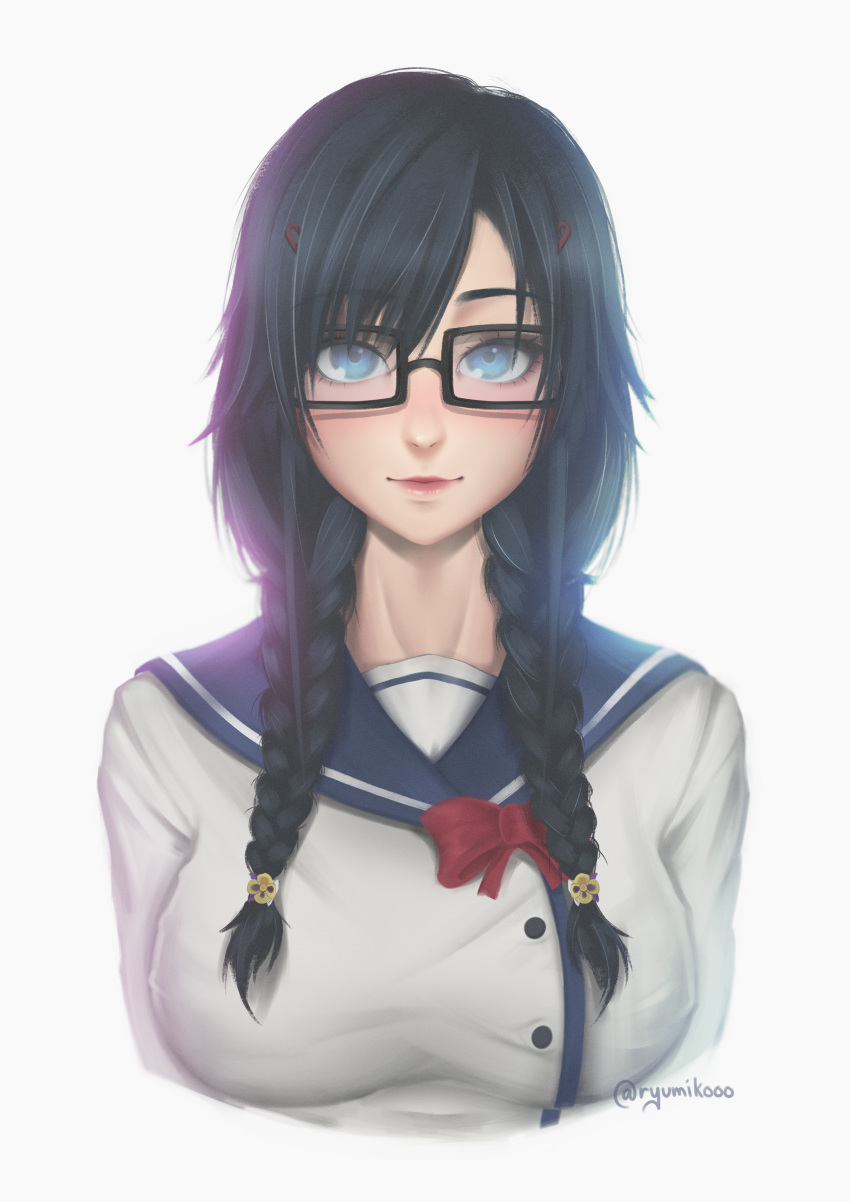 absurdres black-framed_eyewear black_hair blue_eyes bow braid breasts commentary_request female glasses hair_ornament hairclip highres long_hair looking_at_viewer ore_wo_suki_nano_wa_omae_dake_ka_yo photoshop_(medium) rectangular_eyewear red_bow ryumikooo sanshokuin_sumireko school_uniform simple_background small_breasts solo twin_braids twitter_username upper_body white_background