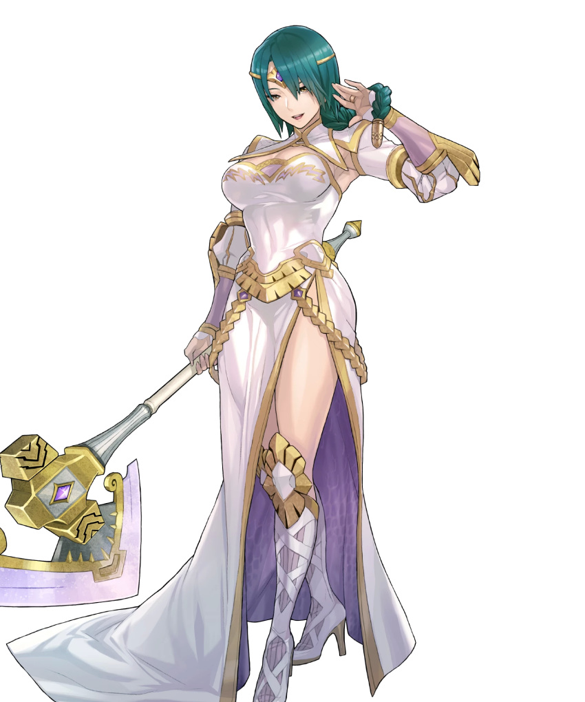 armpits axe battle_axe boots braid breasts bridal_gauntlets circlet cleavage dress female fire_emblem fire_emblem_heroes full_body green_hair hand_up high_heel_boots high_heels highres holding holding_weapon jewelry knee_boots large_breasts lips long_sleeves looking_at_viewer maeshima_shigeki non-web_source official_art open_mouth side_slit single_braid smile solo striped thighs thorr_(fire_emblem) tied_hair transparent_background vertical_stripes weapon white_dress white_footwear yellow_eyes