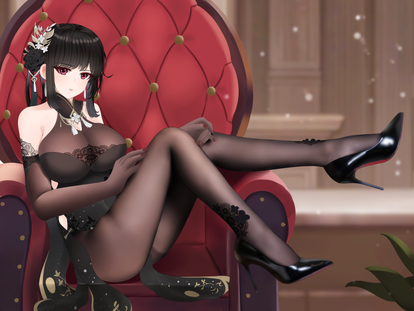 absurdres azur_lane bare_shoulders black_dress black_flower black_footwear black_hair black_pantyhose black_rose blurry blurry_background bodysuit breasts chair chen_hai_(azur_lane) chen_hai_(vestibule_of_wonders)_(azur_lane) china_dress chinese_clothes cleavage commentary_request crossed_legs detached_sleeves dress elbow_gloves female flower gloves gold_trim hair_flower hair_ornament high_heels highres knees_together_feet_apart lace-trimmed_dress lace_trim large_breasts official_alternate_costume pantyhose red_eyes rose shiny_footwear sidelocks sitting solo sym. thighs