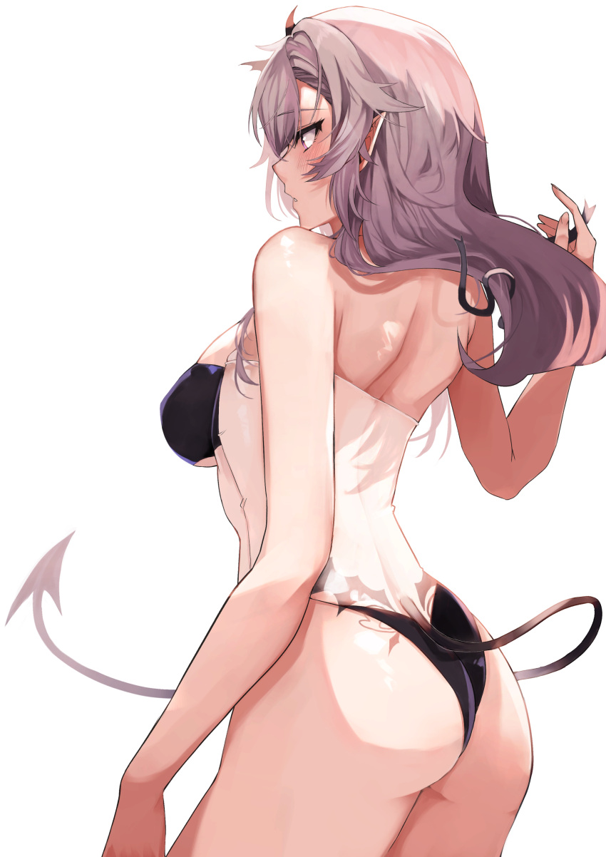 absurdres ass back bare_shoulders black_tail blush breasts commission covered_navel covered_nipples demon_girl demon_tail female fingernails grey_background grey_hair gris_swimsuit highres long_fingernails meme_attire original parted_lips pointy_ears purple_eyes see-through simple_background single_bare_shoulder skeb_commission skindentation solo swimsuit tail takena-c tattoo untying