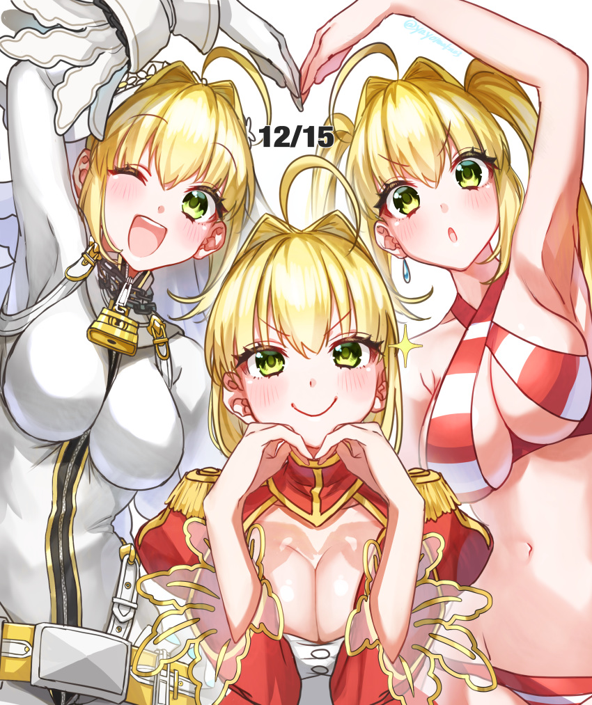 3girls absurdres ahoge bare_shoulders bikini blonde_hair blush bodysuit braid breasts bridal_veil chains cleavage cleavage_cutout closed_mouth clothing_cutout collarbone criss-cross_halter dress earrings epaulettes fate/extra fate/extra_ccc fate/grand_order fate_(series) flower_wreath french_braid full-length_zipper green_eyes hair_between_eyes hair_bun hair_intakes halterneck head_wreath heart_arms heart_arms_duo highres jewelry juliet_sleeves large_breasts lock long_hair long_sleeves looking_at_viewer multiple_girls multiple_persona navel nero_claudius_(bride)_(fate) nero_claudius_(fate) nero_claudius_(fate/extra) nero_claudius_(swimsuit_caster)_(fate) one_eye_closed open_mouth padlock padlocked_collar puffy_sleeves red_bikini red_dress side-tie_bikini_bottom single_hair_bun sling_bikini_top smile striped_bikini striped_clothes swimsuit twintails veil white_bodysuit yayoi_maka zipper zipper_pull_tab