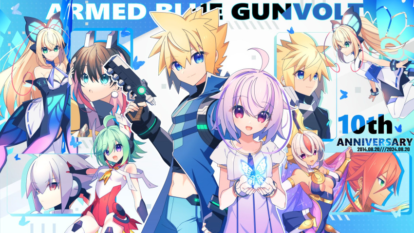 3boys 4girls acura_(gunvolt) ahoge anniversary antenna_hair azure_striker_gunvolt azure_striker_gunvolt_2 azure_striker_gunvolt_3 bare_shoulders blonde_hair blue_eyes breasts bug butterfly butterfly_hair_ornament cleavage copyright_name dark-skinned_female dark_skin dated dress glowing_butterfly green_hair grey_hair gun hair_ornament headgear highres holding holding_gun holding_weapon idol joule_(gunvolt) kirin_(gunvolt) large_breasts lololotton long_hair lumen_(gunvolt) luxia_(gunvolt) multicolored_hair multiple_boys multiple_girls multiple_views orange_hair pink_hair purple_hair roro_(gunvolt) short_hair strapless two-tone_hair weapon white_dress zed_(gunvolt)