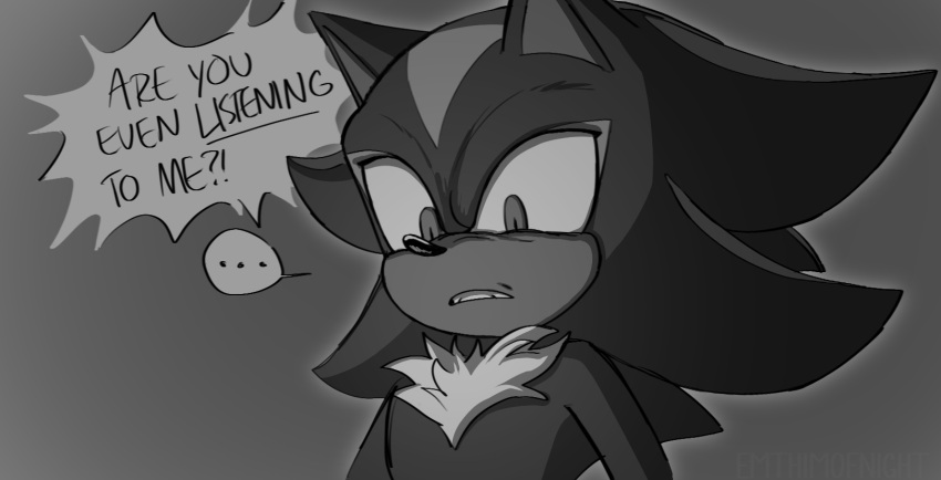 2024 anthro ellipsis emthimofnight english_text eulipotyphlan frown hedgehog hi_res male mammal monochrome rouge_the_bat scowl sega shadow_the_hedgehog simple_background solo sonic_the_hedgehog_(series) text