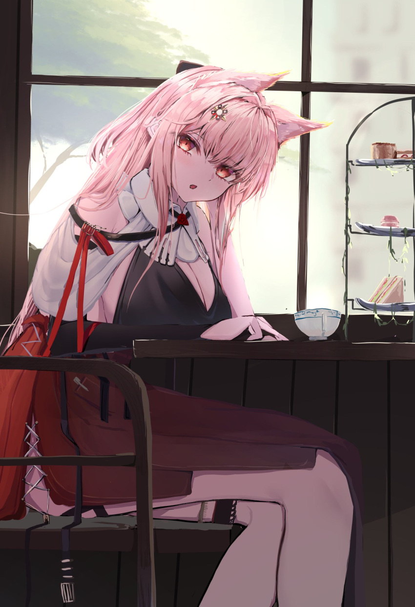 animal_ear_fluff animal_ears arknights bare_shoulders black_gloves bra breasts cleavage cup extra_ears feet_out_of_frame female gloves hair_ornament highres large_breasts long_hair looking_at_viewer lycoris-fullbloom pink_eyes pink_hair pozyomka_(arknights) red_skirt sitting skirt solo thigh_strap underwear wolf_ears wolf_girl