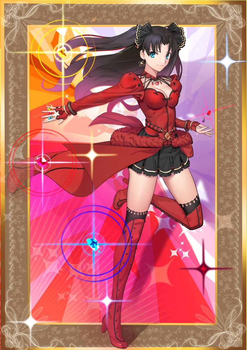 absurdres black_hair black_skirt blue_eyes blue_gemstone boots bracelet breasts cleavage closed_mouth cqqz0707 fate/stay_night fate_(series) female floating_hair full_body gem hair_ornament heart_pendant highres holding holding_jewelry jewelry long_hair long_sleeves looking_at_viewer medium_breasts miniskirt pleated_skirt purple_gemstone red_footwear red_gemstone red_shirt shirt skirt sleeves_past_wrists smile solo standing standing_on_one_leg thigh_boots tohsaka_rin tohsaka_rin_(formalcraft) waist_cape yellow_gemstone