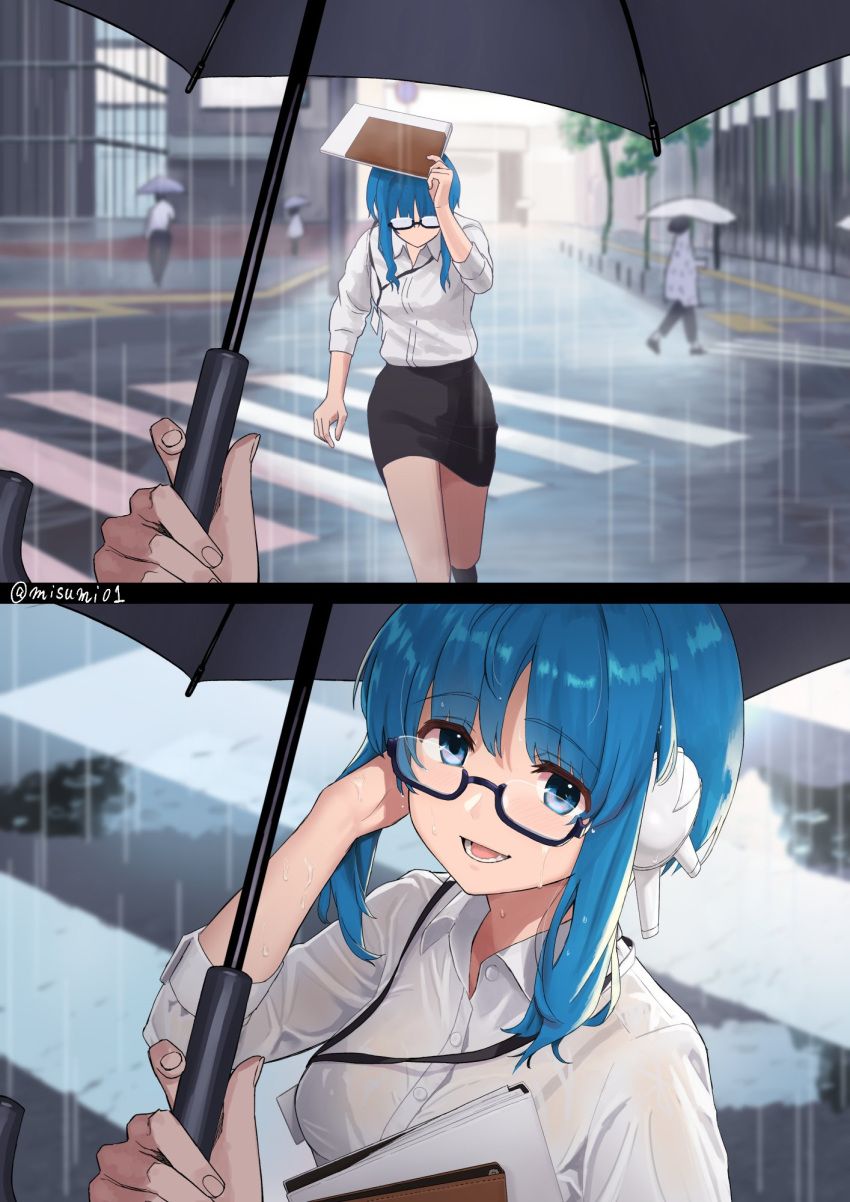 black_skirt blue_eyes bralines breasts collared_shirt copyright_request covering_head crosswalk folder glasses highres holding holding_folder holding_umbrella long_sleeves looking_at_viewer medium_breasts misumi_(niku-kyu) outdoors pencil_skirt pov rain shirt skirt umbrella white_shirt