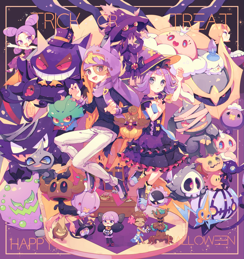 1boy 5girls absurdres acerola_(pokemon) agatha_(pokemon) apron banette basket black_shirt blonde_hair candy candy_cane chandelure character_hat chibi claw_pose dress drifblim drifloon duskull elbow_gloves fantina_(pokemon) food frillish frillish_(female) full_body gastly gengar giratina gloves gourgeist halloween halloween_bucket happy_halloween hat haunter headband highres jellicent jellicent_(female) lampent litwick lollipop mimikyu morty_(pokemon) multiple_girls nagatsukiariake pants phoebe_(pokemon) pokemon pokemon_(creature) pokemon_bw pokemon_dppt pokemon_hgss pokemon_rgby pokemon_rse pokemon_sm pumpkaboo purple_background purple_dress purple_eyes purple_footwear purple_hair purple_headband purple_hood rotom round_eyewear sableye shauna_(pokemon) shirt short_hair shuppet spiritomb stitched_face stitches top_hat trevenant trick_or_treat waist_apron white_gloves white_pants window witch_hat yamask