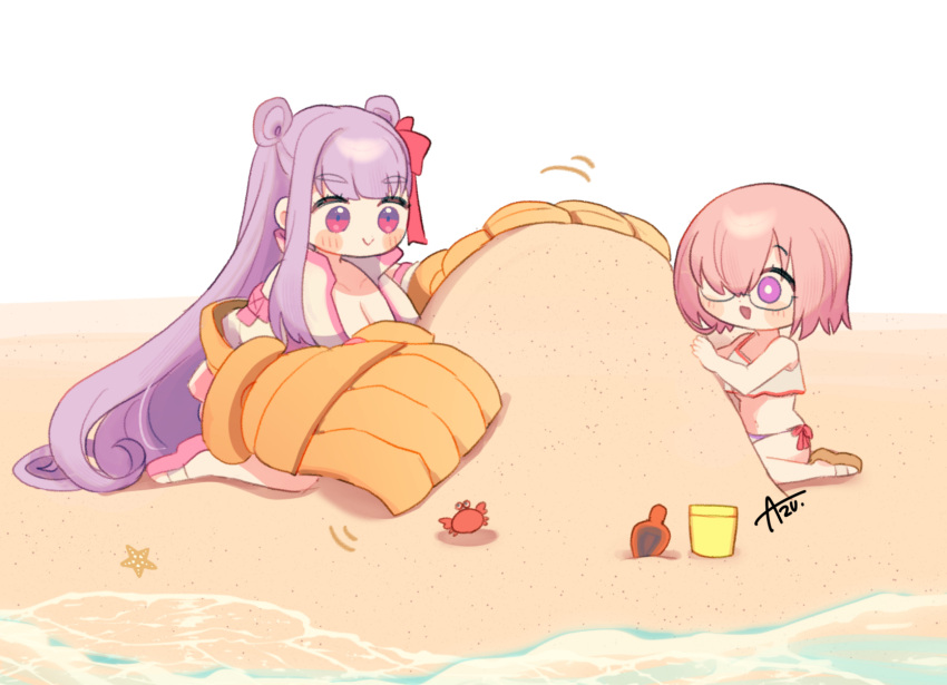 2girls :> :d azu_(kirara310) bare_shoulders beach bikini blush_stickers bucket chibi claw_(weapon) closed_mouth commentary crab crop_top double_bun fate/grand_order fate_(series) glasses hair_bun hair_over_one_eye hair_ribbon highres jacket long_hair mash_kyrielight mash_kyrielight_(swimsuit_of_perpetual_summer_ver.02) multicolored_clothes multicolored_jacket multiple_girls ocean official_alternate_costume official_alternate_hairstyle open_mouth outdoors passionlip_(fate) pink_eyes pink_hair pink_jacket pink_ribbon popped_collar purple_eyes purple_hair ribbon sand sand_sculpture sandals shirt short_hair side-tie_bikini_bottom signature sitting sleeveless sleeveless_shirt smile starfish swimsuit symbol-only_commentary trowel two-tone_jacket water weapon white_jacket white_shirt